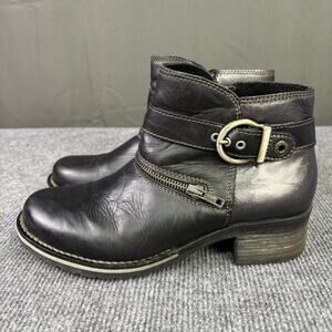 Dromederis Boots Women’s 7.5 Ankle Moto Side Zip Block Heel Buckle Shoes Black
